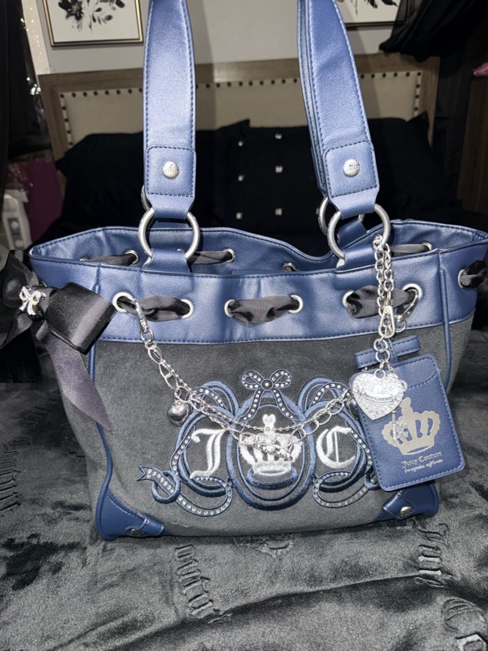 Juicy Couture Blue and Gray Embroidered Crest Tote with Charm
